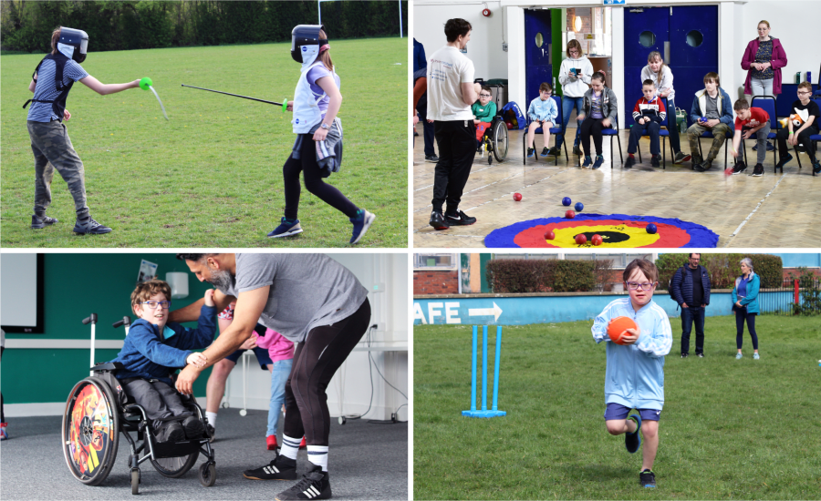 4 photos in a grid. In the top left a boy and girl are fencing in helmets and vests on the grass. The top right is in a sports hall with children sitting on chairs behind a large colourful target with boccia balls on it. The bottom left is a child in a wheelchair wrestling with a coach. The bottom right is boy running towards the camera holding a large tennis ball. " title="4 photos in a grid. In the top left a boy and girl are fencing in helmets and vests on the grass. The top right is in a sports hall with children sitting on chairs behind a large colourful target with boccia balls on it. The bottom left is a child in a wheelchair wrestling with a coach. The bottom right is boy running towards the camera holding a large tennis ball.